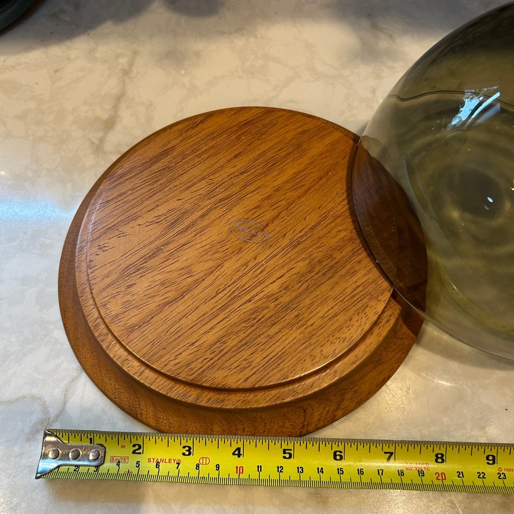 Mid-Century Modern Smoky Glass Dome Cloche with Wooden Base-EUC - Picture 3 of 9